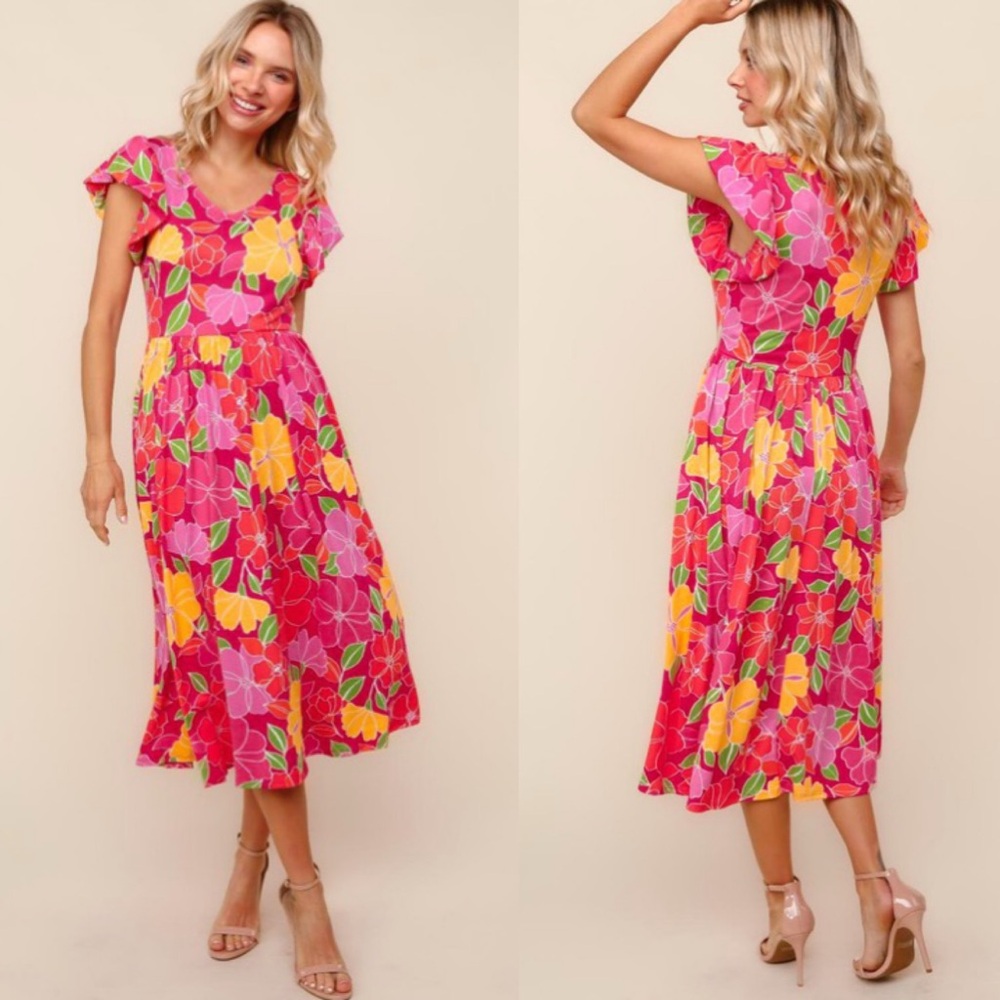 Fuchsia/Yellow Floral Midi Dress with Folded Ruffle & Pockets - Picture 2 of 10